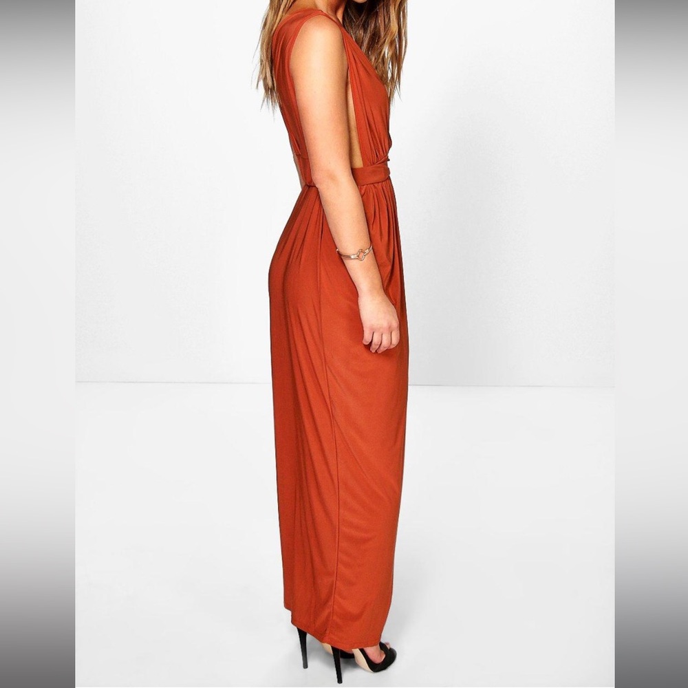 Boohoo Petite Plunge Drape Maxi Dress, Size 2 Copper Colored